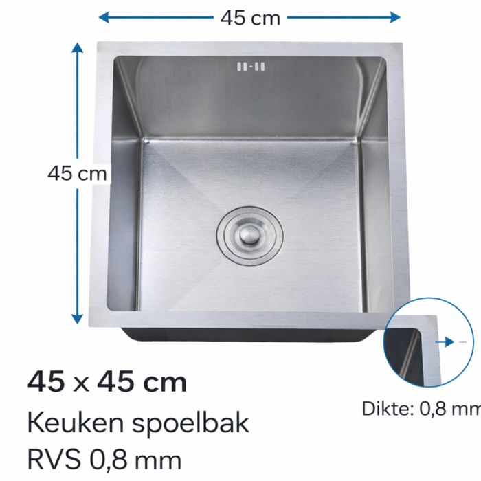 Luxe metallic RVS 304 spoelbak 45 x 45 cm - hoofdafbeelding