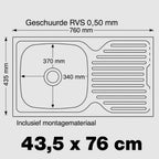 RVS Spoelbak 76 of 86 x 43,5 cm | Met Afdruiprek en Montagepakket
