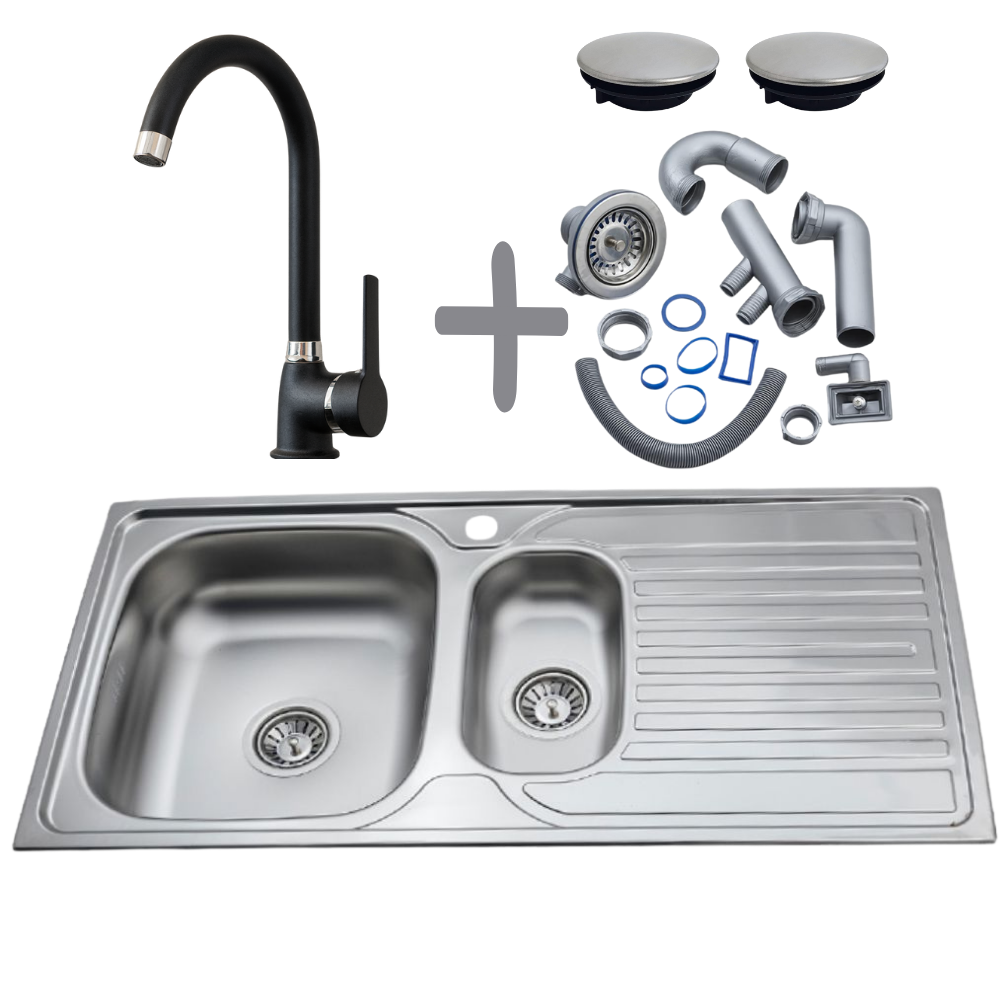 Dubbele Spoelbak Keuken 100x50cm Met Kraan Chroom Zwart – RVS 304