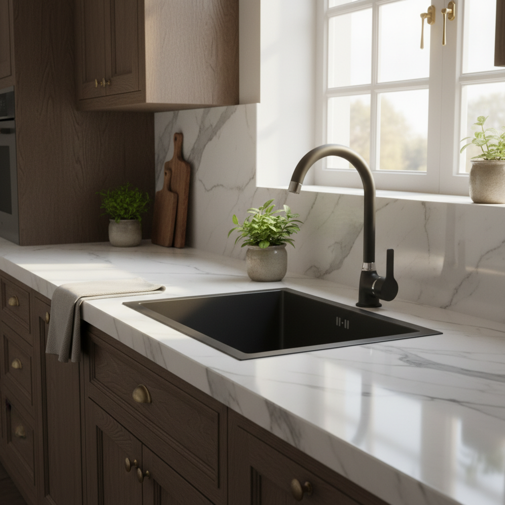 Spoelbak Keuken 45 x 45cm RVS 304 luxe 0,8mm Dikte - Spoelbak Met Zwarte Chroom Kraan