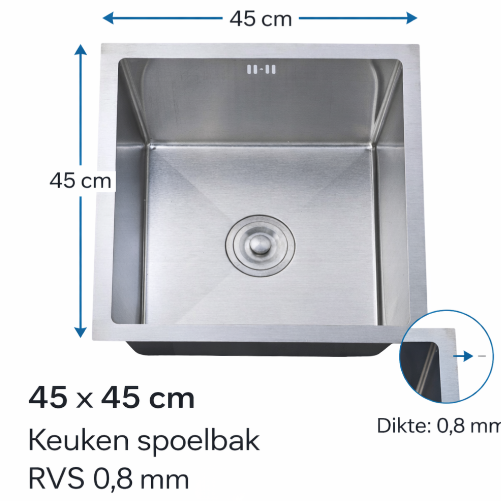 Spoelbak Antraciet Luxe 45x45 cm rvs 304 – Keuken Wasbak RVS 304 – 0,8 mm dikte Premium Kwaliteit