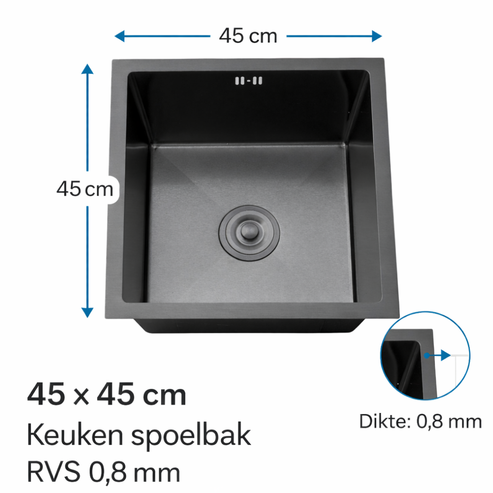Spoelbak Keuken 45 x 45cm RVS 304 luxe 0,8mm Dikte - Spoelbak Met Zwarte Chroom Kraan