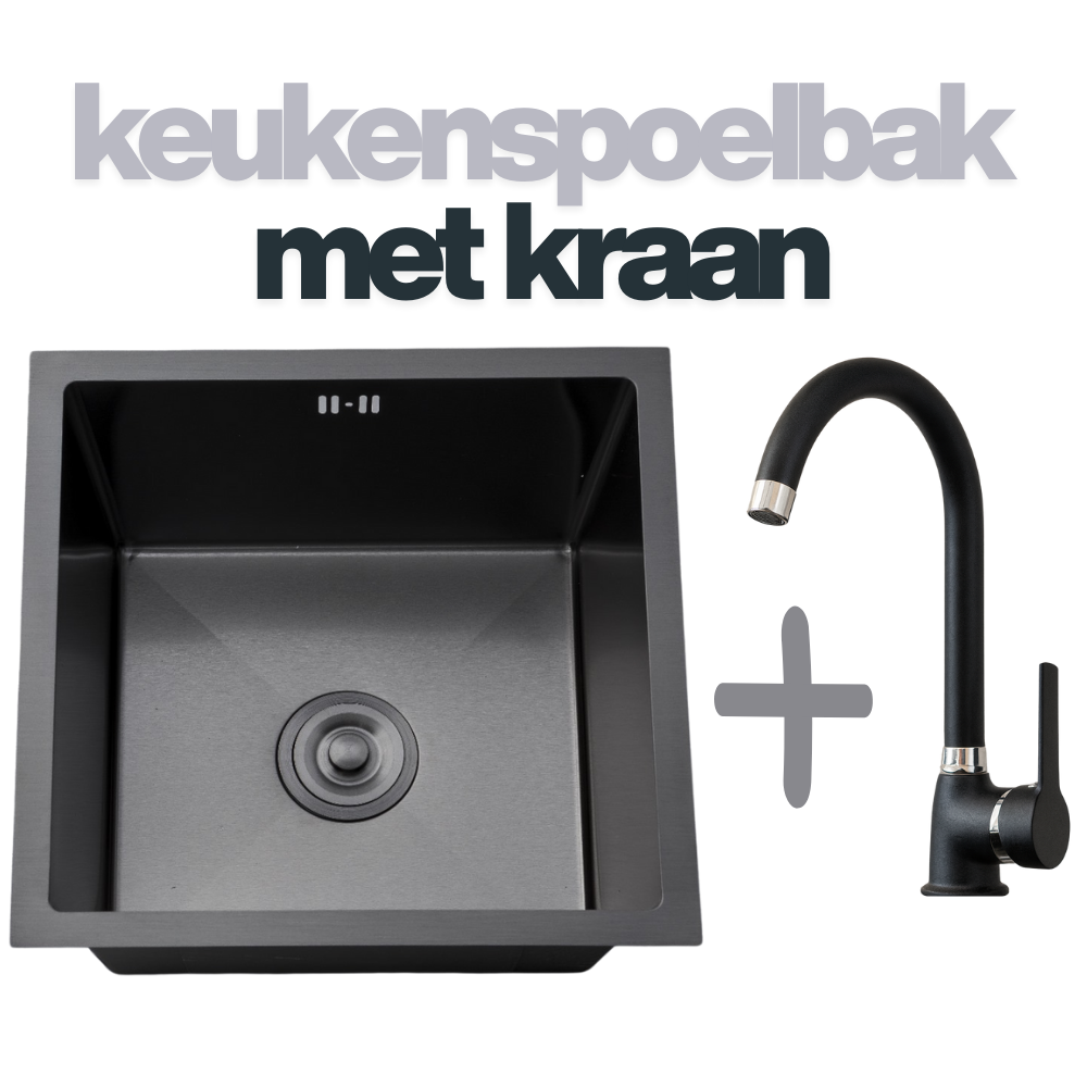 Spoelbak Keuken 45 x 45cm RVS 304 luxe 0,8mm Dikte - Spoelbak Met Zwarte Chroom Kraan